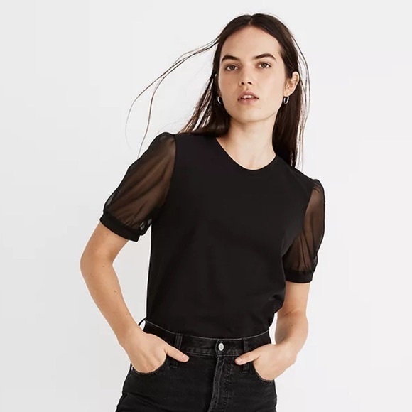 Madewell Sheer Short Sleeve Knit T Shirt in Black Size Medium - Picture 2 of 6